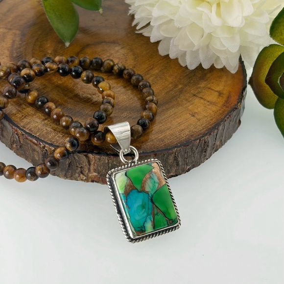 Sterling Silver 925 Peacock Dahlia Turquoise Pendant Tiger Eye Necklace - Picture 7 of 7